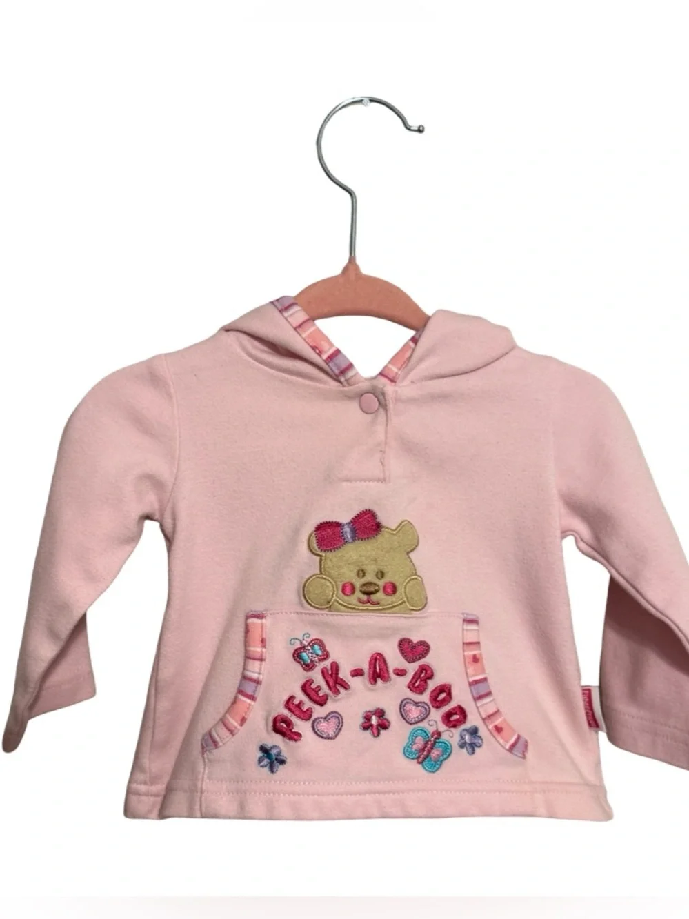 Y2K Fisher-Price Peek-A-Boo Bear Pink Hooded Sweatshirt Baby Girl Size 3-6 M